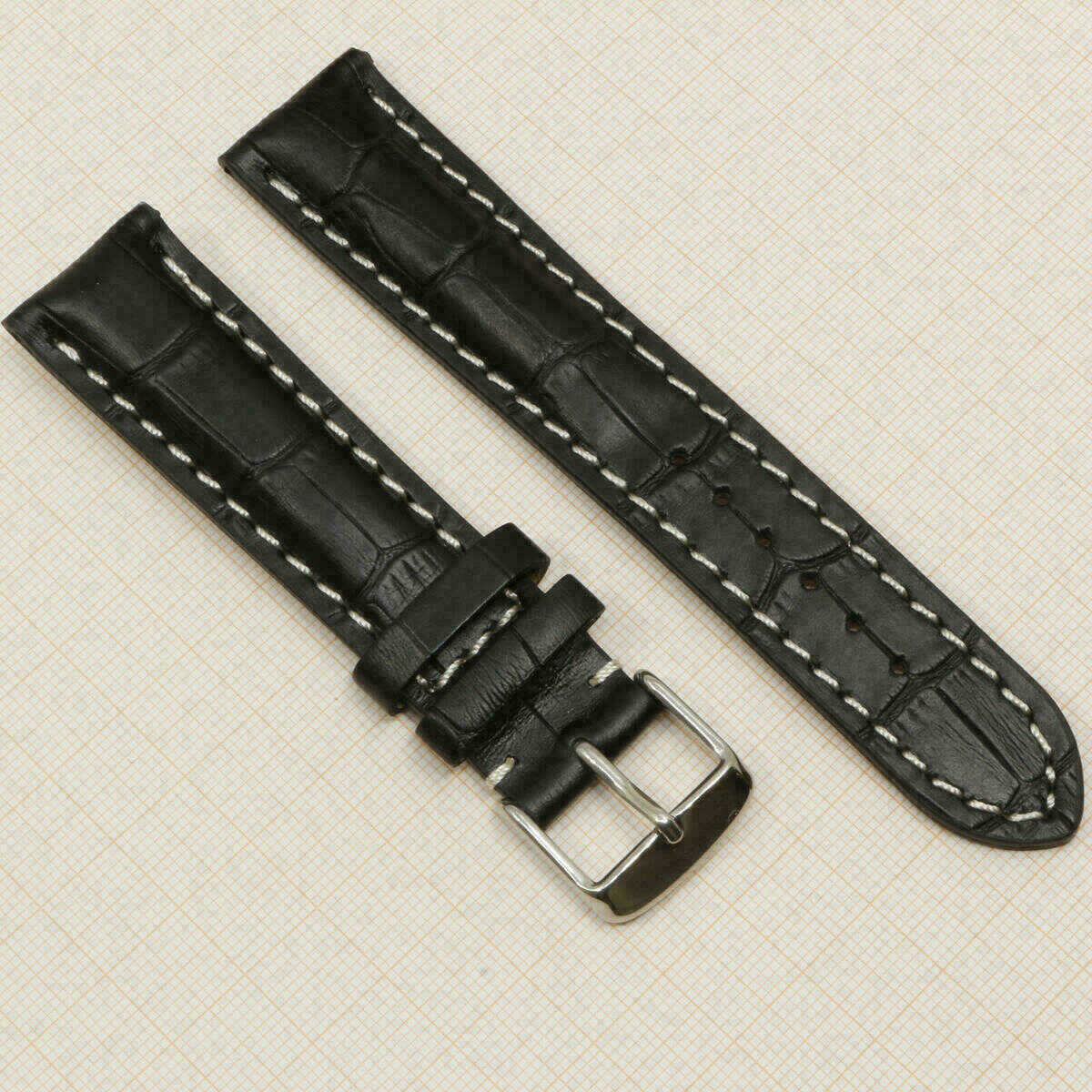 Bracelet noir 20 mm en cuir véritable, bracelet de montre motif crocodile #Noir (copie)