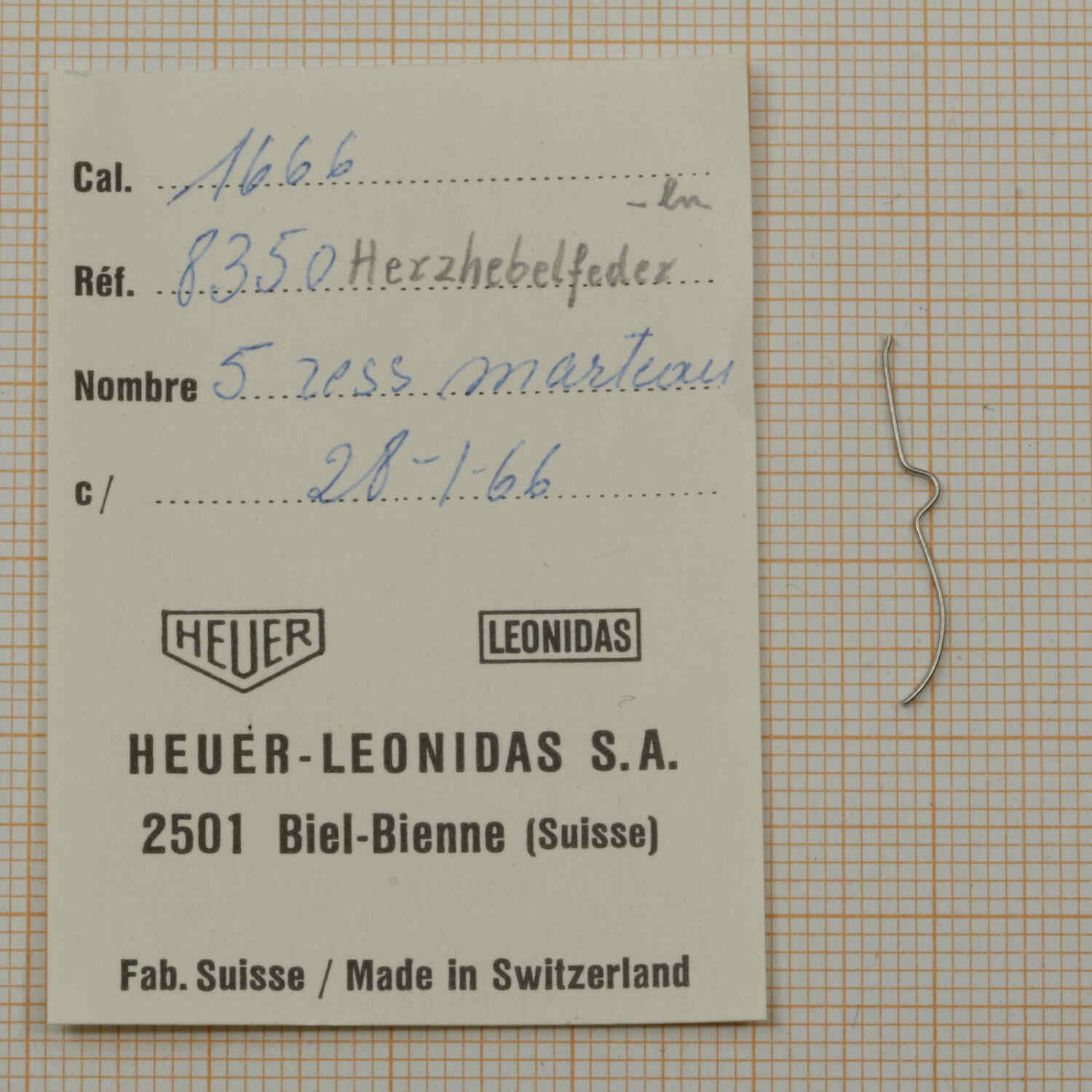 HEUER CAL. 1666 PART No 8350 Herzhebelfeder, Hammer spring NOS HEUER Monte Carlo