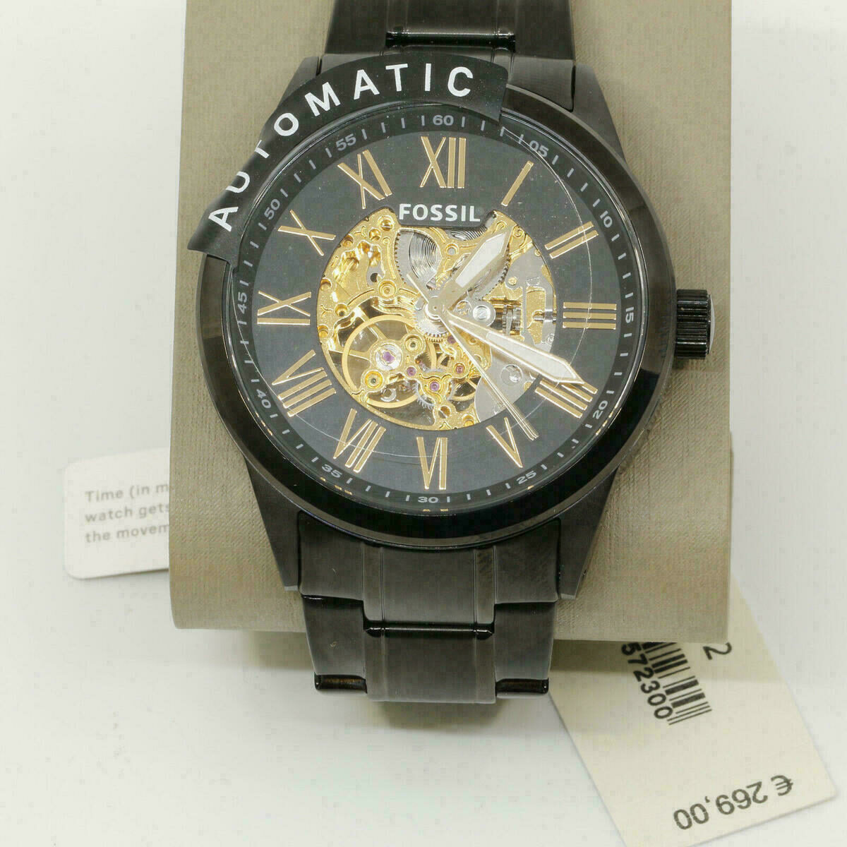 Automatic Men's Watch Fossil Black Ion Stainless Steel Skeleton BQ2092