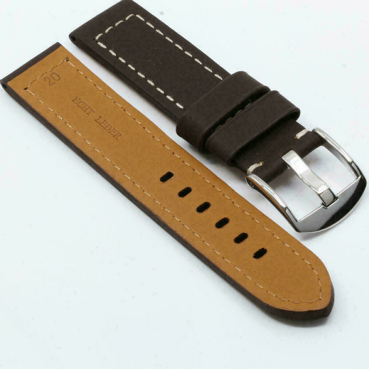 Uhrenarmband - massives Leder Armband 20mm Ersatzband Dunkelbraun 115/75 Uhrband – Bild 4
